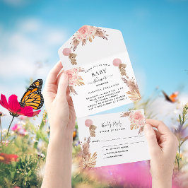 ベビーシャワーテディパンパス ピンク フラワーワイト RSVP オールインワン招待状