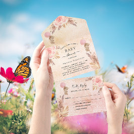 ベビーシャワーテディパンパバラ金ゴールド花模様RSVP オールインワン招待状