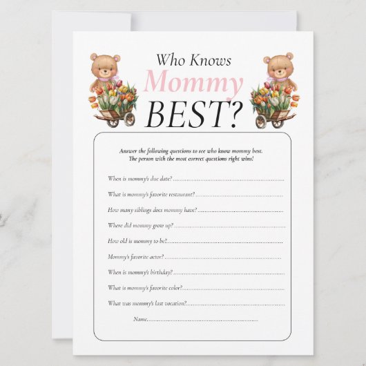 ベビーシャワーテディフラワールーガールフレンズ ママの知恵 招待状 (正面)