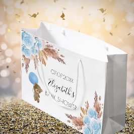 ベビーシャワーテディフローラパンパスグラスブルーボーイ ラージペーパーバッグ