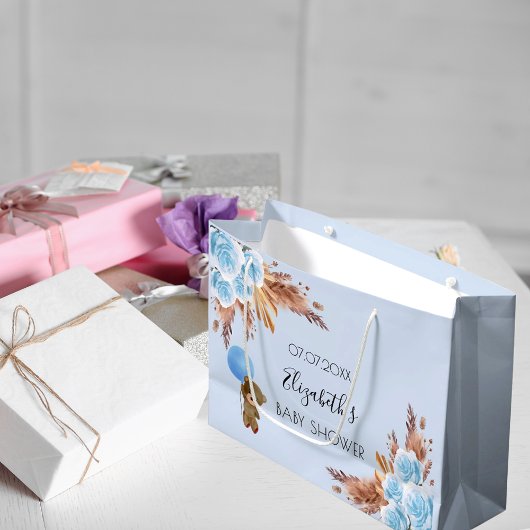 ベビーシャワーテディフローラパンパスグラスブルーボーイ ラージペーパーバッグ