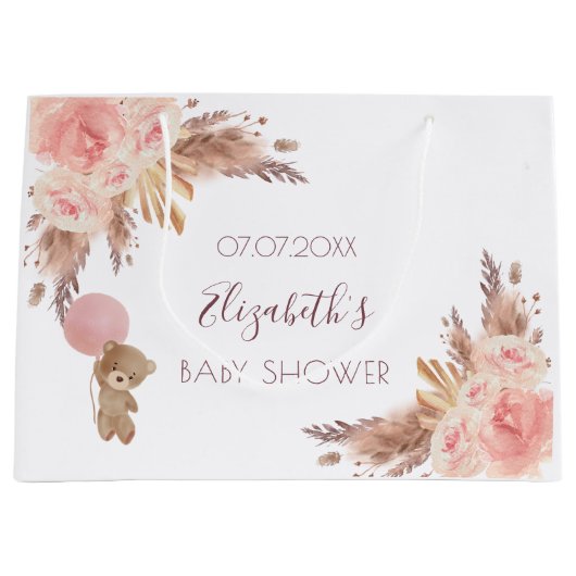 ベビーシャワーテディフローラパンパスグラス赤面バラ ラージペーパーバッグ (正面)