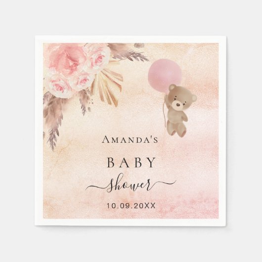 ベビーシャワーテディベアのパンパスグラスバラ金ゴールド スタンダードカクテルナプキン (正面)