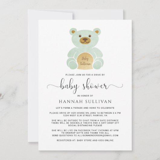 ベビーシャワーテディベアグリーン金ゴールドでドライブミニマル 招待状 (正面)