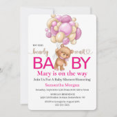 ベビーシャワーテディベアバルーンガールテーマ 招待状 (正面)