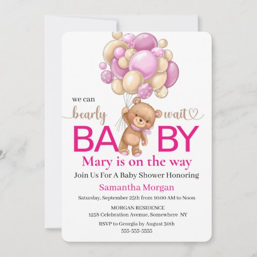 ベビーシャワーテディベアバルーンガールテーマ 招待状 (正面)
