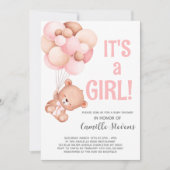 ベビーシャワーテディベアバルーンガール 招待状 (正面)