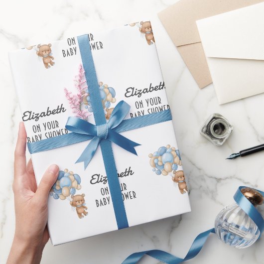 ベビーシャワーテディベアバルーンテーマ パーソナライズされた ラッピングペーパー