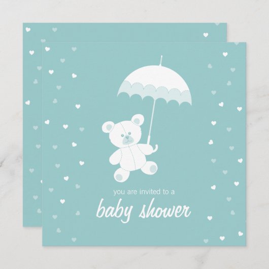 ベビーシャワーテディベアーブルー/任意の色の招待 招待状 (正面/裏面)