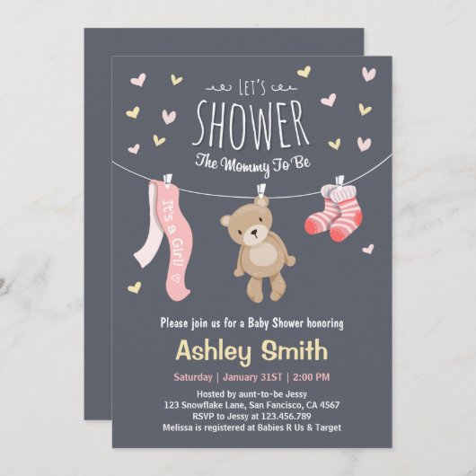 ベビーシャワーテディベア招待状ベビーガール 招待状 (正面/裏面)