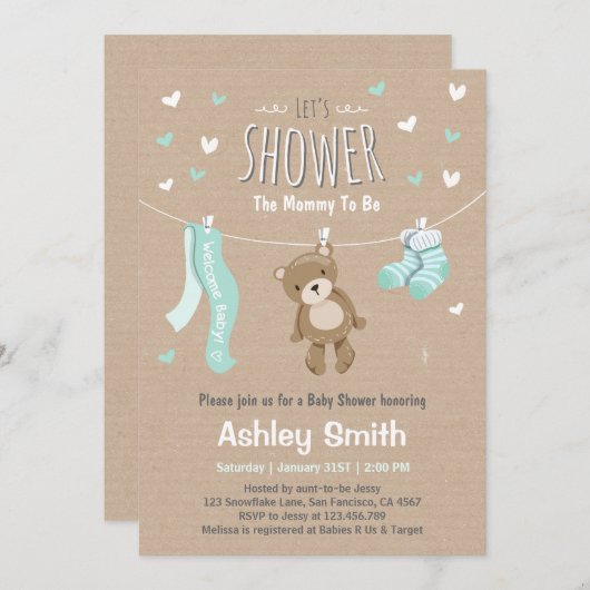 ベビーシャワーテディベア招待状ベビーミントグリーン 招待状 (正面/裏面)