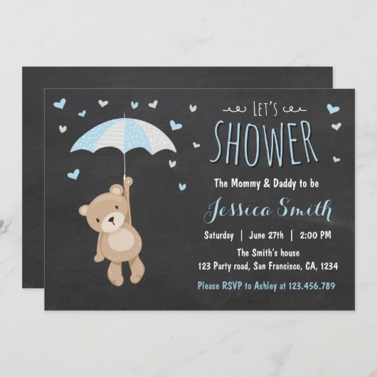 ベビーシャワーテディベア招待状男の赤ちゃんブルー 招待状 (正面/裏面)