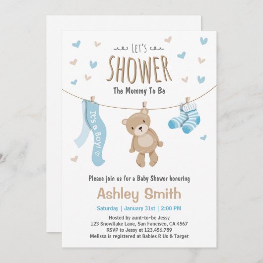 ベビーシャワーテディベア招待状男の赤ちゃん 招待状 (正面/裏面)