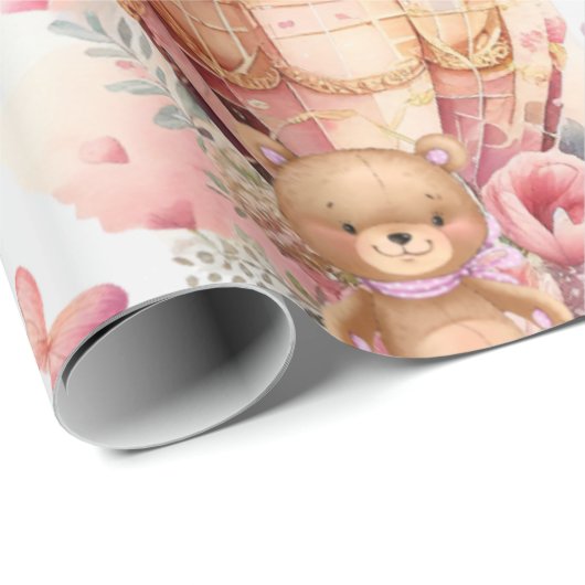 ベビーシャワーテディベア熱気球ピンク ラッピングペーパー (ロールコーナー)
