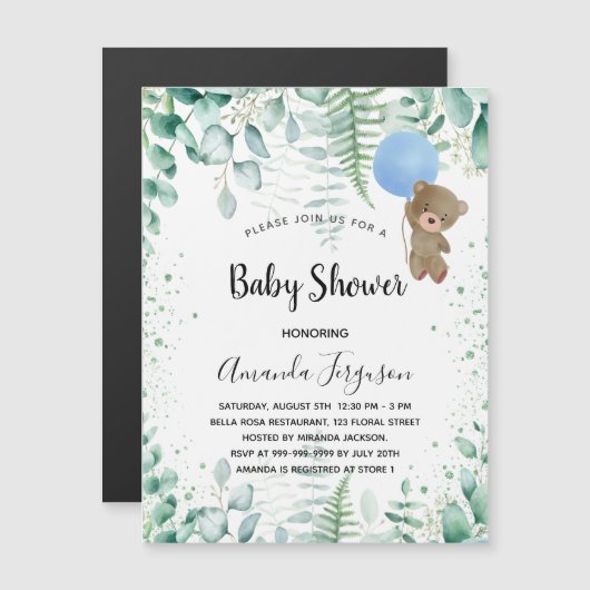 ベビーシャワーテディ少年ユーカリの森 マグネット招待状 (正面/裏面)