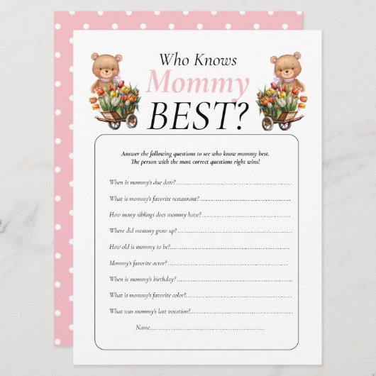 ベビーシャワーテディ フラワールーガール フー・ノウズ・マミー 招待状 (正面/裏面)