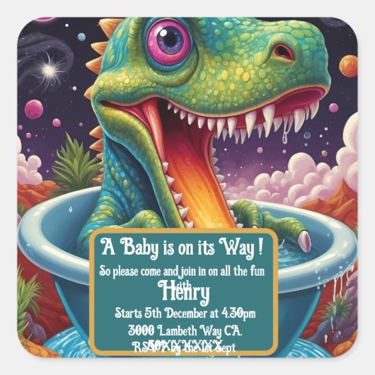 ベビーシャワーディノダニパーティーデザイン スクエアシール (正面)