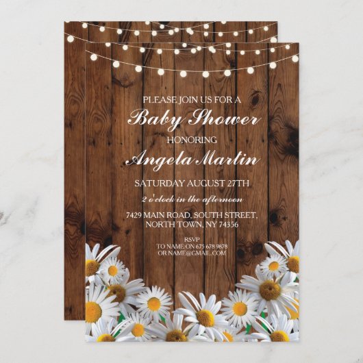 ベビーシャワーデイジーウッ素朴ドライトフローラ招待状 招待状 (正面/裏面)