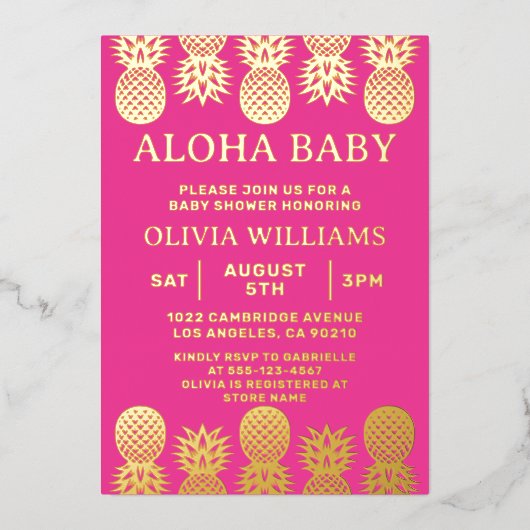 ベビーシャワートロピカルパイナップルルアウ(ハワイ式宴会)ピンク 箔招待状 (正面)