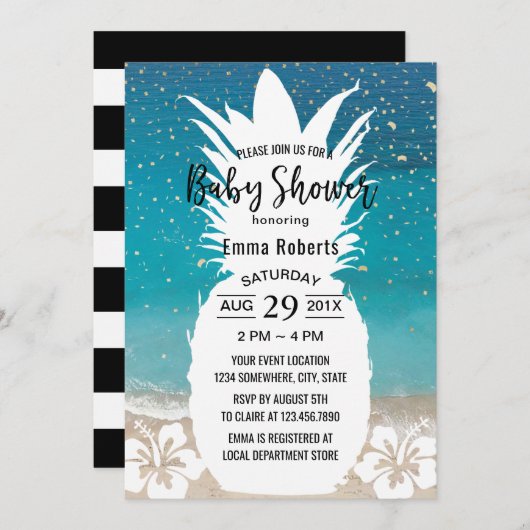 ベビーシャワートロピカルパイナップル&フラワービーチ 招待状 (正面/裏面)