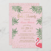 ベビーシャワートロピカルフラミンゴ金ゴールド紙吹雪 招待状 (正面/裏面)
