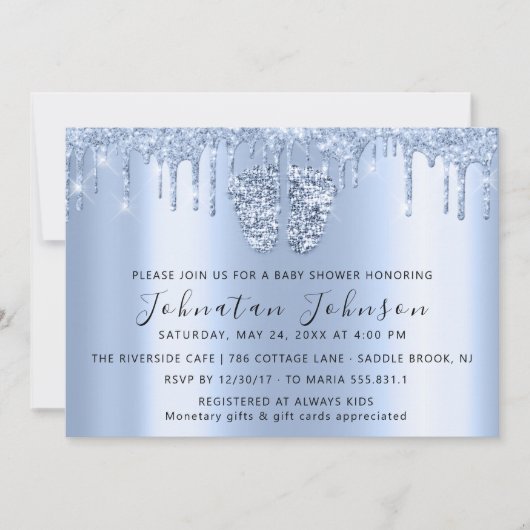 ベビーシャワードリップグリッターブルー足ブルーボーイガール 招待状 (正面)
