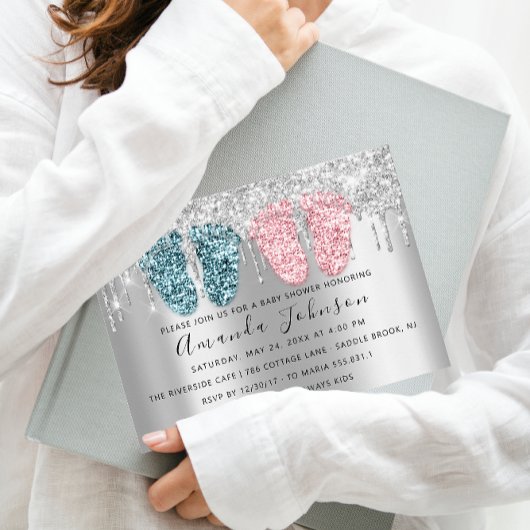 ベビーシャワードリップシルバーグレー足ツインズボーイガール 招待状