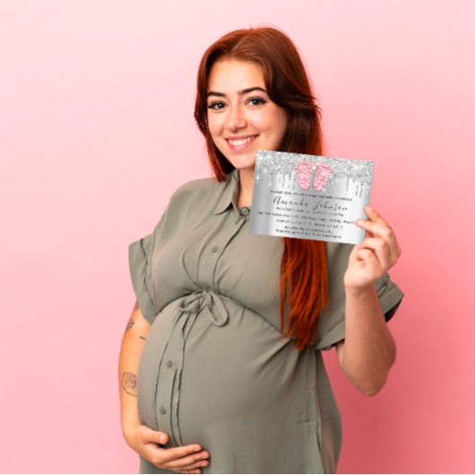 ベビーシャワードリップスグリッターピンク足グレーボーイガール 招待状