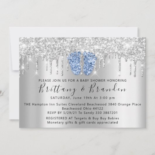 ベビーシャワードリップスグリッターブルー足シルバーインビタット 招待状 (正面)