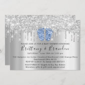ベビーシャワードリップスグリッターブルー足シルバーインビタット 招待状 (正面/裏面)