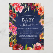 ベビーシャワーネイビーエレガントブルーフローラ水色 招待状 (正面/裏面)