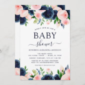 ベビーシャワーネイビーブルー赤面ピンクウォーター色フローラ 招待状 (正面/裏面)