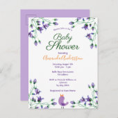 ベビーシャワーバイオレット花模様ブルーベルホワイト インビテーションポストカード (正面/裏面)