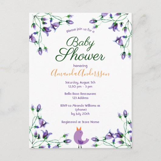 ベビーシャワーバイオレット花模様ブルーベルホワイト インビテーションポストカード (正面)