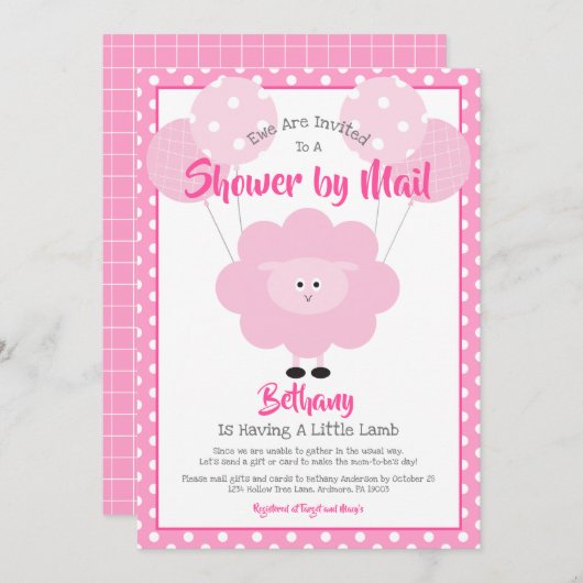 ベビーシャワーバイメールキュートピンクラムモダンシンプル 招待状 (正面/裏面)