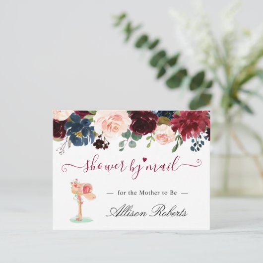 ベビーシャワーバイメールブルゴーニュ赤面ネイビーフローラ ポストカード (スタンド正面)