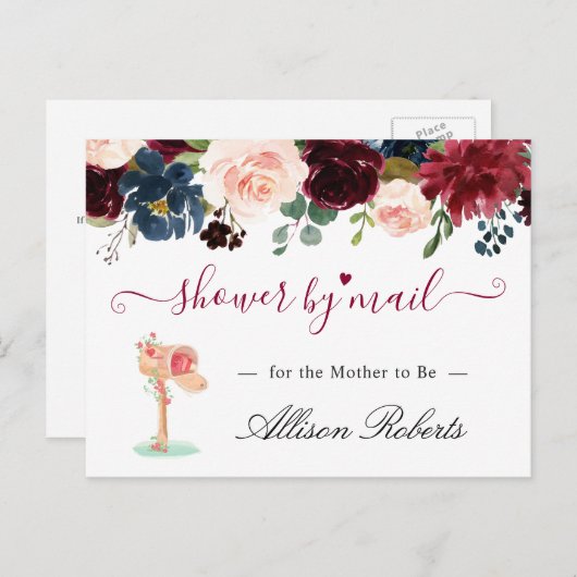 ベビーシャワーバイメールブルゴーニュ赤面ネイビーフローラ ポストカード (正面/裏面)