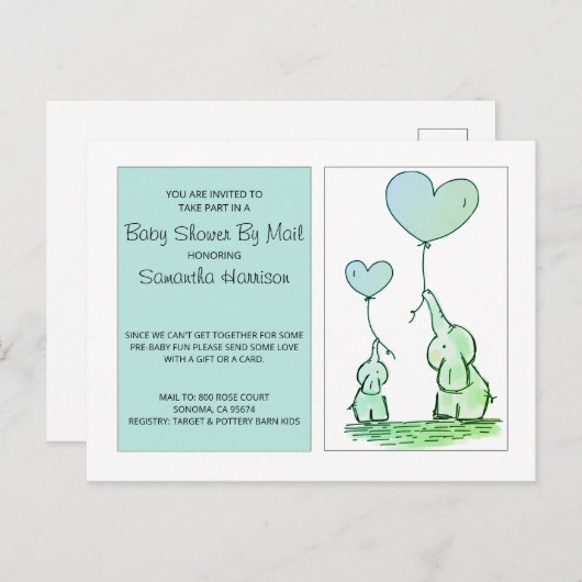 ベビーシャワーバイメールママベビーゾウ青グリーン インビテーションポストカード (正面/裏面)