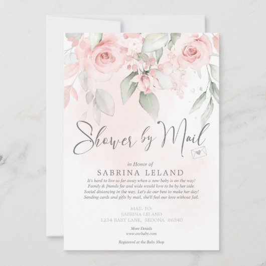 ベビーシャワーバイメールヴィンテージ赤面ピンクローズ 招待状 (正面)