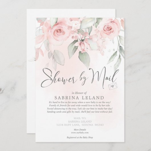 ベビーシャワーバイメールヴィンテージ赤面ピンクローズ 招待状 (正面/裏面)