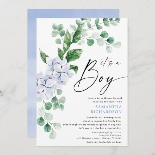 ベビーシャワーバイメール春フローラ青い緑 招待状 (正面/裏面)