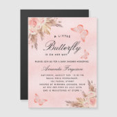 ベビーシャワーバタフライガールピンクパンパスラグジュアリー マグネット招待状 (正面/裏面)