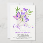 ベビーシャワーバタフライパープルフローラ封筒 招待状 (正面)