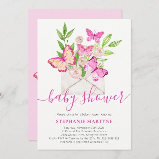ベビーシャワーバタフライピンクフローラ封筒 招待状 (正面/裏面)