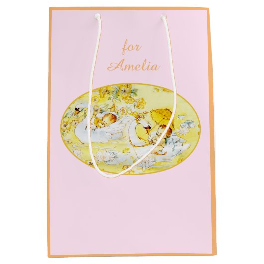 ベビーシャワーバッグスワンピンクとオレンジ ミディアムペーパーバッグ (正面)