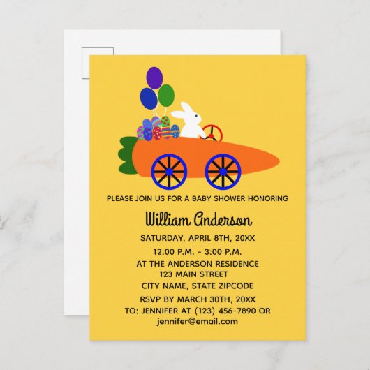 ベビーシャワーバニーキャロットカー#3招待状ポストカード インビテーションポストカード (正面/裏面)
