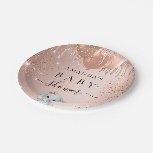 ベビーシャワーバラ金ゴールドグリッターゾウ風船 ペーパープレート (アングル)