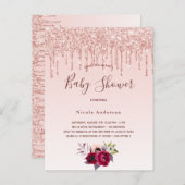 ベビーシャワーバラ金ゴールドグリッターピンク招待 ポストカード (正面/裏面)