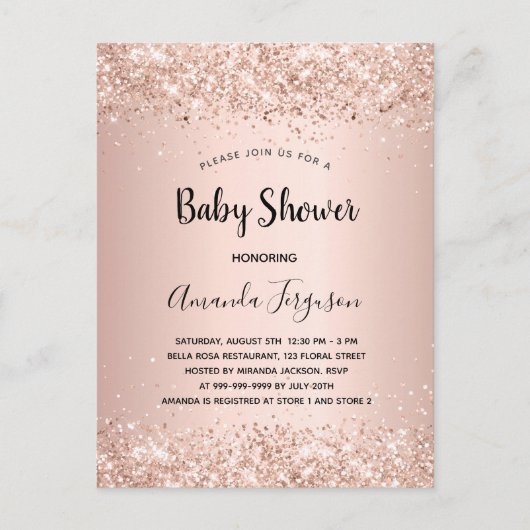 ベビーシャワーバラ金ゴールドグリッターメタルガール インビテーションポストカード (正面)