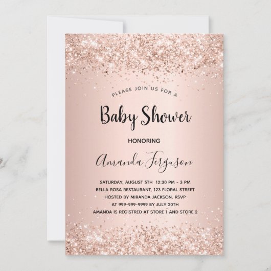 ベビーシャワーバラ金ゴールドグリッター赤面ガール 招待状 (正面)